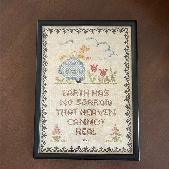 Antique Framed Cross-Stitch Art with Floral Design 1920’s